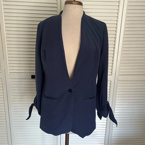 Halogen blue blazer long line tie wrists button front small - Picture 1 of 9